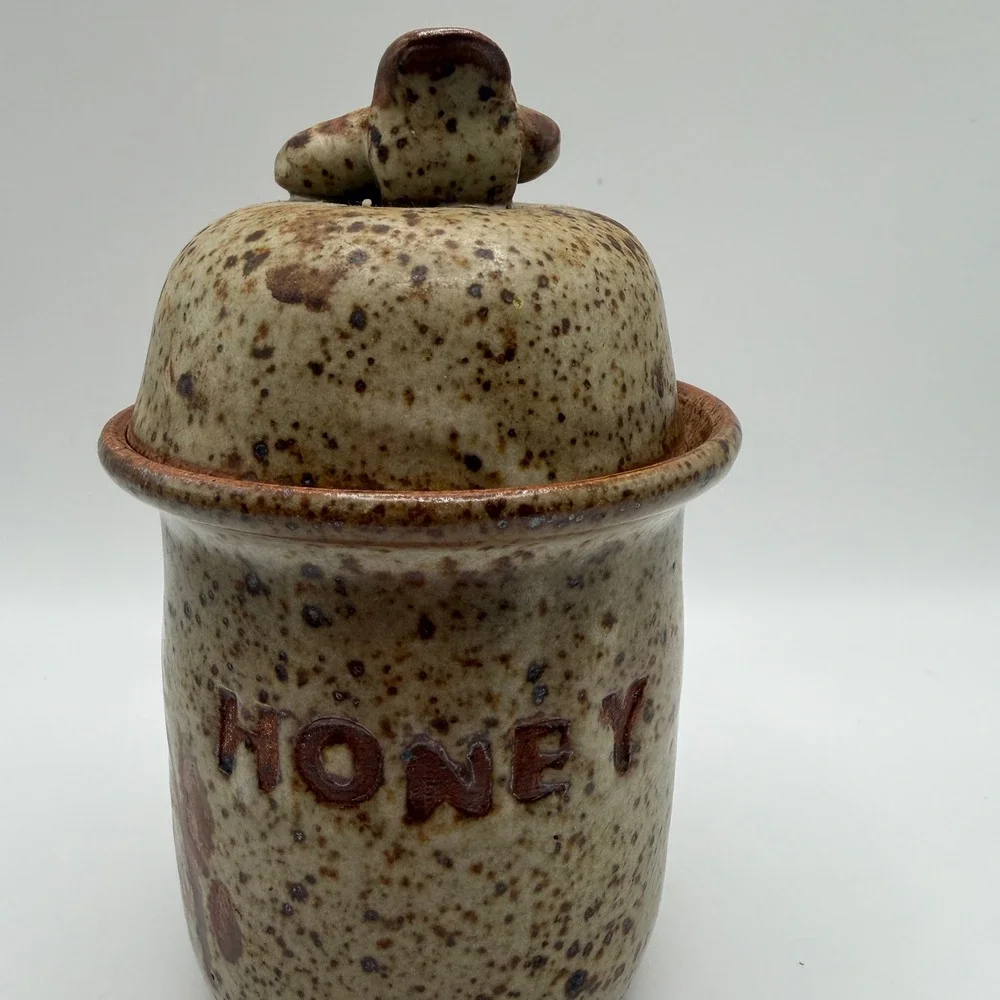 Vintage Studio Pottery Speckled Honey Pot with Lid Brown Tan Stoneware Jar